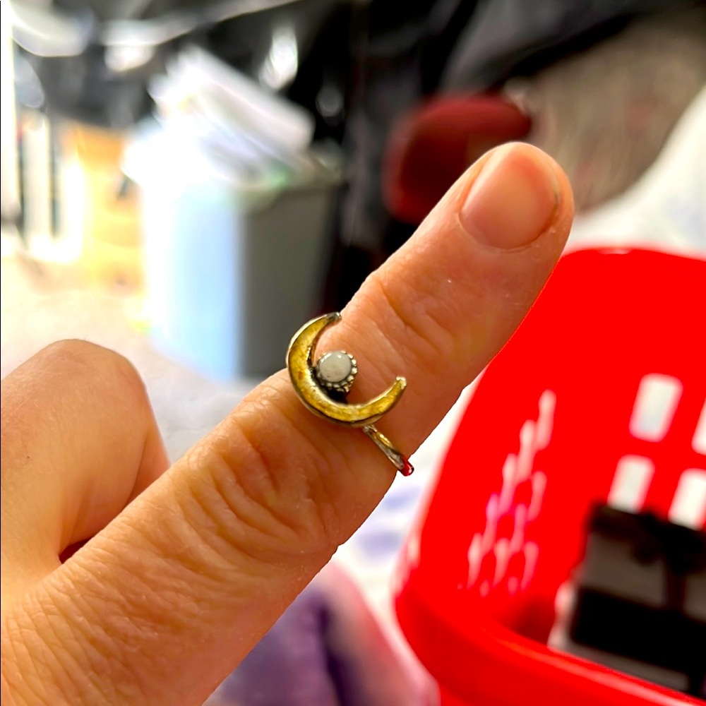 New, Gold Crescent Moon Ring with White Stone